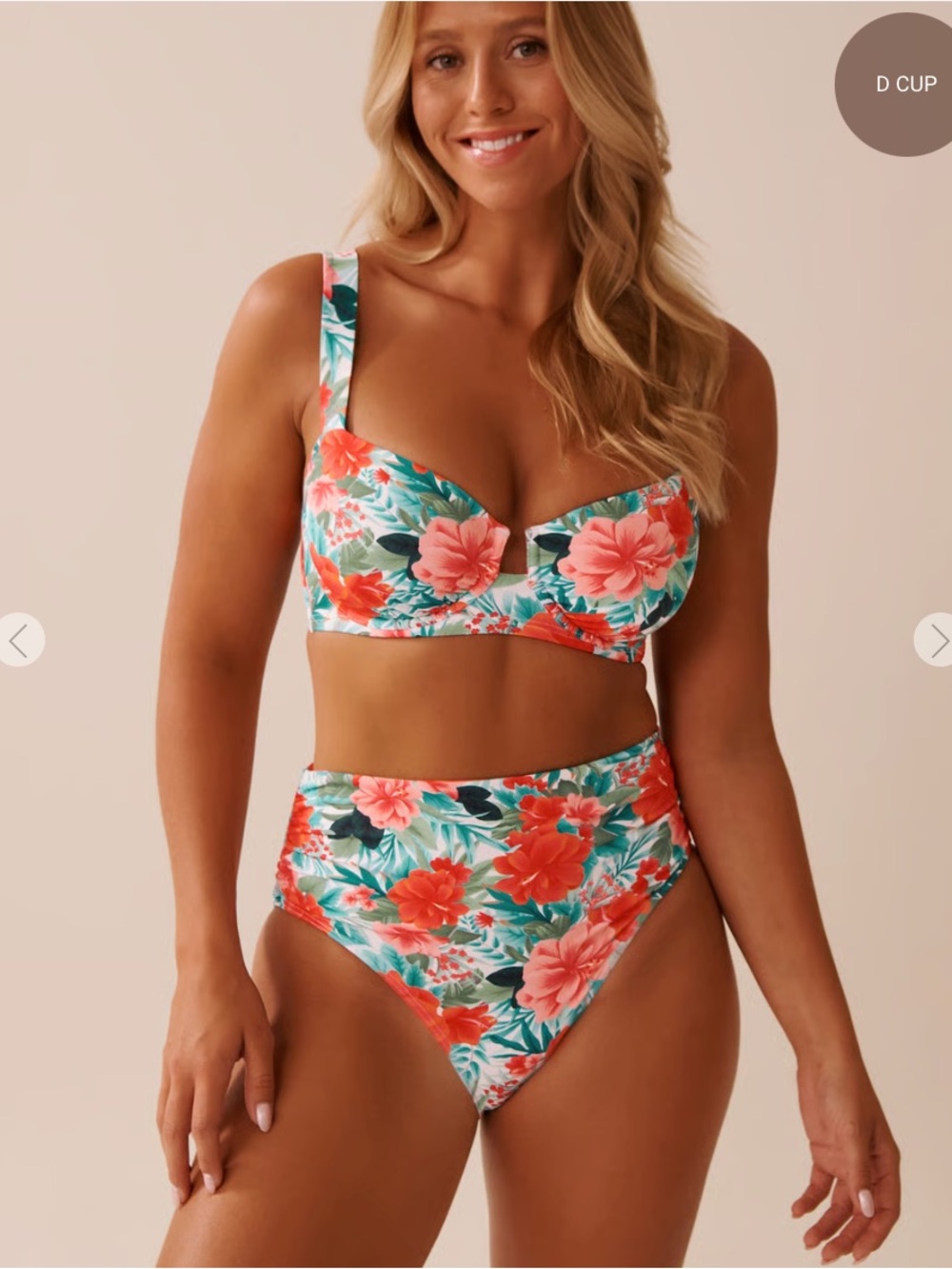 Floral High-Waist Bikini Set in Coral & Teal - D cup (Medium top, Large Bottom)